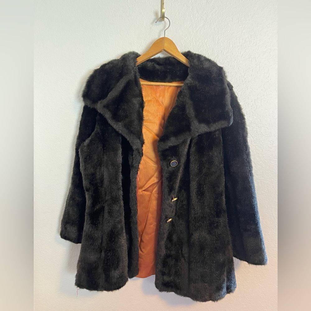 Vintage Faux Fur Coat Jacket Hollywood Glam Mobwife Brown 60s Chic Retro